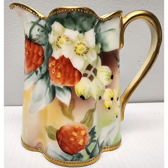 Antique Nippon Hand Painted Pitcher Gold Trim Leaf Mark Japan 4" Floral Berry - Picture 9 of 13